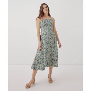 PACT Green Pink Floral Fit & Flare Racerback Summer Fall Midi Dress Size Large